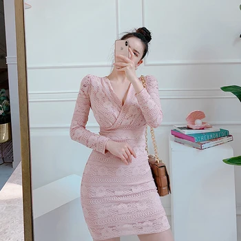 Fall vinter Pink Mini Kjoler ét stykke Damer Korea Lange Ærmer strikket Sexede Fest Kjoler til kvinder Mode Bodycon tøj