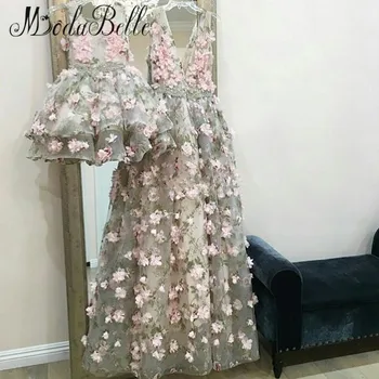 Modabelle 3D Blomster Kjole til Aften i Robe De Soiree Dubai A-linje 2019 Længe Mor Og Datter Party Dress Formelle Avondjurken