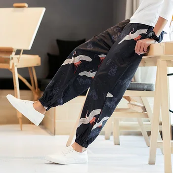 Japansk Stil Mænd Bukser Print Mode Fritid Løs Streetwear Størrelse Mandlige Asian Traditionelle Tøj Harajuku Kimono