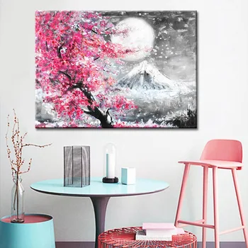Lærred Maleri Sakura Mount Fuji I Måneskin Prints og Plakater Væg Kunst Billeder til Hjem Stue Dekoration