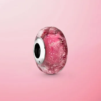 Ægte 925 Sterling Sølv Bølget Fancy Pink Murano Glas Charm Perler Passer Oprindelige Pamura Armbånd Armbånd Smykker Gave