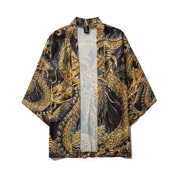 Japan Style Tøj Mænd Sommeren Streetwear Dragon Print Kimono Cardigan Mandarin Robe Mænd Unisex Japansk Tendens Kimonoer