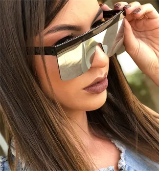 Mandlige Flad Top Mode Udendørs Sølv Spejl Overdimensionerede Solbriller Kvinder Brand Designer Mænd Et Stykke Linse Goggle UV400