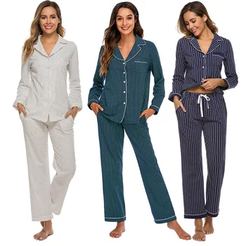 2020 Efterår og Vinter Nye Kvinders Pyjamas Cardigan Stribet Polka Dot Pyjamas Hjem Bære Sove Toppe Pijamas Kvinder Nattøj