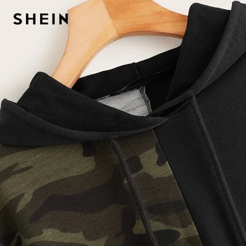 SHEIN To Tone Camo Panel Hoodie Afgrøde Sweatshirt Kvinder Pullover Efteråret Klippe og Sy Løbegang Sportslige og Afslappede Sweatshirts