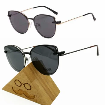 Metal clip-on solbriller 33077 cateye form optiske briller ramme med klip på flytbare polariserede linser, solbriller til kvinder