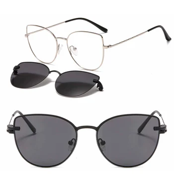 Metal clip-on solbriller 33077 cateye form optiske briller ramme med klip på flytbare polariserede linser, solbriller til kvinder