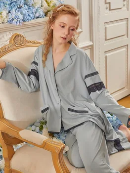 Mode Bomuld Kvinders langærmet Pyjamas Sæt Turn-down Krave Vintage Nightsuits Søde Piger 