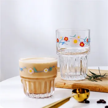 Kaffe Krus Kreative Formede Glas Krus Smarte Daisy Trykt Morgenmad, Mælk, Kaffe Kop Juice Crystal Drinkware Lodrette Linjer Krus