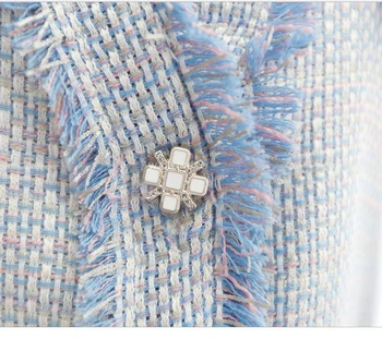 Nye 2020 Efteråret to delt sæt kvinder Elegante Blå Tweed Diamant-knappen casual Vest Jakke +Høj talje Mini nederdel Jakkesæt til kvinder