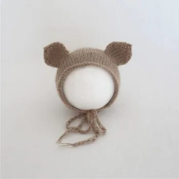 Vintage Nyfødt Fotografering Bonnet Fuzzy Bamse Bonnet Håndstrikket Baby Dyr Hat Fotografering Rekvisitter Blød Brun Hat