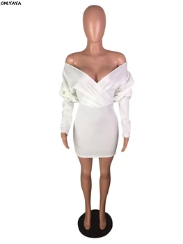 2019 Nye forår lang lanterne ærme fra skulder kaste v-hals hvid høj talje party mini-midi-kjole S-2XL vestidos GLW8150