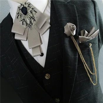 Koreanske Bow Tie Sæt High-end Luksus Mænds Bryllup Banket Passer Shirt Smykker Lomme Håndklæde Rhinestone Broche Bowtie Tre-stykke