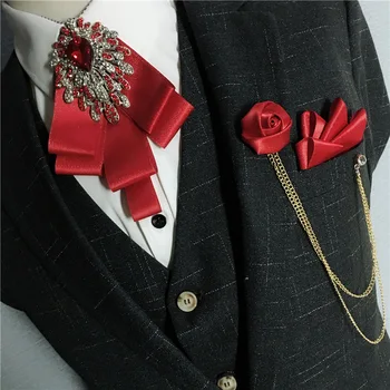 Koreanske Bow Tie Sæt High-end Luksus Mænds Bryllup Banket Passer Shirt Smykker Lomme Håndklæde Rhinestone Broche Bowtie Tre-stykke