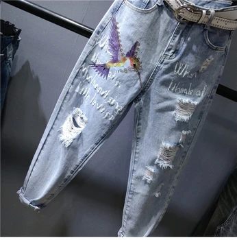 Hul jeans kvinder 2020 sommeren nye mode høj talje ankel længde trykt harem bukser plus størrelse