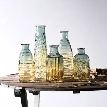 Boligmontering Tilbehør Ornament Vintage Præget Gennemsigtigt Glas Vase Simpelt Håndværk Desktop Indretning Blomst Arrangement