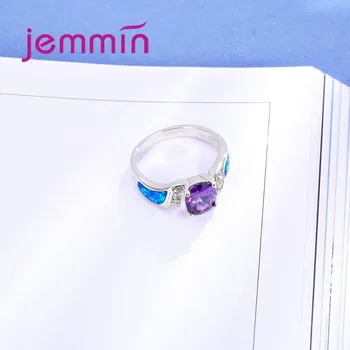 Purple and White CZ Crystal Twist Band Fashion Blue Fire Opal Ring 925 Sterling Silver Brand Jewelry Stylish Weeding Ring
