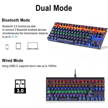 Motospeed K83 87 Taster Gaming Tastatur, Bluetooth 3.0 USB 2.0-Kabel Dual-Mode, Farverig LED-baggrundsbelyst Mekanisk Gaming-Tastaturer