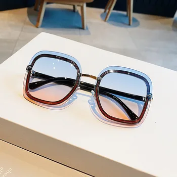 2021 Nye Luksus Mærke Uindfattede Print Stribe Linse Solbriller Til Kvinder Gradient Kvadrat Sol Briller Kvindelige Blå Pink Nuancer Uv400