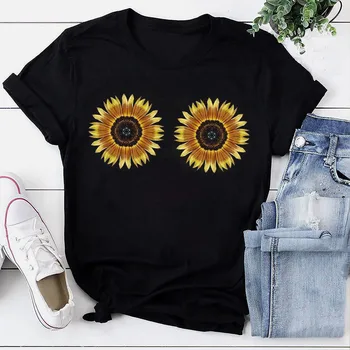 Kvinders O-Neck T-shirt til Sommeren Korte Ærmer Hvid Blomst Sort Solsikke Kvindelige Sexet Tee Gotiske Vintage Casual t-Shirt#W