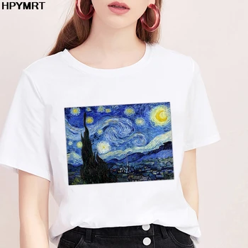 Nye sommer t-shirt Van Gogh stjernehimmel trykte t-shirt kvinder Harajuku Retro kunst mønster tshirt kvindelige Kort Ærme toppe tøj