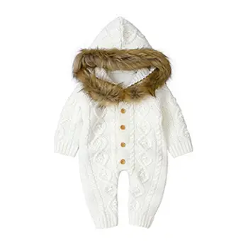 Baby Pels Krave Strikket Hætte Romper Buksedragt Tøj Spædbarn langærmet Sweater F3ME