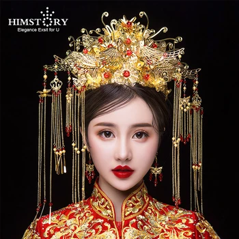 HIMSTORY Klassisk Kinesisk Bryllup Phoenix Queen Coronet Crown Brude Hår Smykker Tilbehør Kvast Bryllup Hairwear