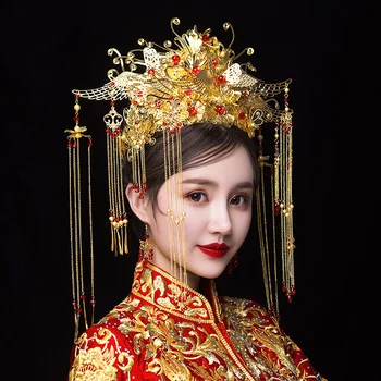 HIMSTORY Klassisk Kinesisk Bryllup Phoenix Queen Coronet Crown Brude Hår Smykker Tilbehør Kvast Bryllup Hairwear