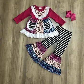 Girlymax baby Pige Falde tøj piger blonder forneden top stribe klokke-bottoms leopard bukser, tie dye pige outfit med bue