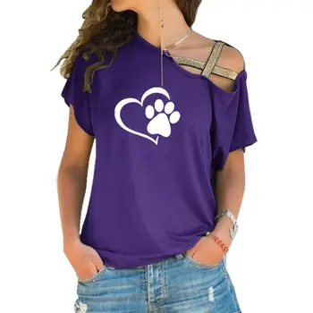 Dropshipping 2020 Hund Kat Paw Hjerte T-shirt Kvinder Mode Tshirt Toppe Cross-skulder Uregelmæssige Kort-langærmet T-shirt