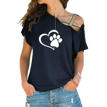 Dropshipping 2020 Hund Kat Paw Hjerte T-shirt Kvinder Mode Tshirt Toppe Cross-skulder Uregelmæssige Kort-langærmet T-shirt