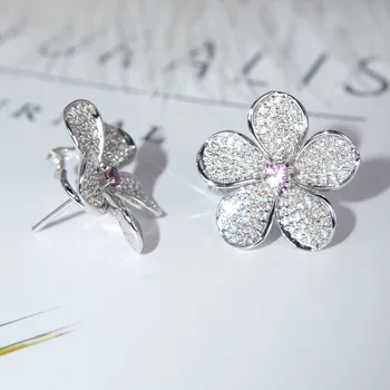Høj kvalitet hvide zircon Platinum Pink Fuld zircon Blomst Stud Øreringe til kvinder bryllupsfest engagement smykker gave