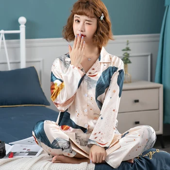Slik Nattøj Kvinder Pyjamas, der Passer Lange Ærmer To Stykker Hjem Bære Sæt med Bukser Kvindelige 2021Spring Sommer Tøj til Kvinder
