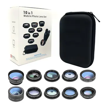 10 i 1Fish Eye Linse Vidvinkel Makro Fisheye Lens Zoom Til iphone 7 8 XS plus MAX antal X-Mobiltelefon-Kamera Linse Kit