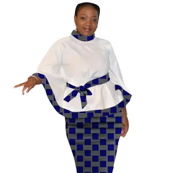 Dashiki Print Flare Ærmet Toppe Med Bælte Og Blyant Nederdele Afrikansk Festival Kvinders Tøj Tilpasse Ankara Stilfulde Passer til Gommen