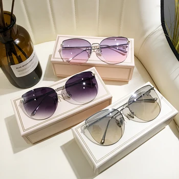 MS Nye Kvinder Cat Eye Solbriller Uindfattede UV400 Brand Designer Høj Kvalitet Gradient Sol Briller Kvindelige oculos Med Box