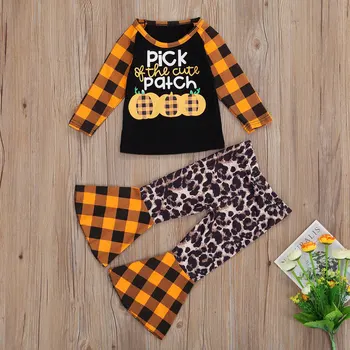 Toddler Spædbarn Kids Baby Pige Halloween Tøj Sæt 2020 Ternet langærmet Efteråret T-shirt Leopard Flare Pants Tøj Tøj