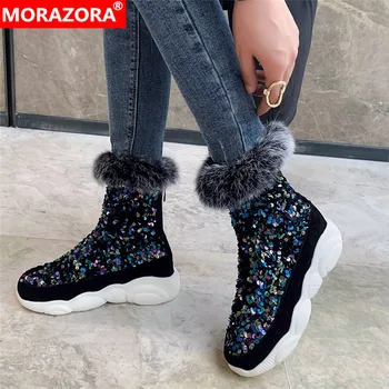 MORAZORA 2020 Stor størrelse 33-46 vinteren holde varm sne støvler 3 farver firkantet tå kvinder sko komfortabel flad hæl ankelstøvler