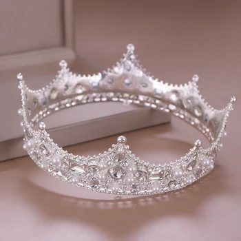 Vintage Bryllup Tiara Krone Krystal Perle Runde Barok Brude Hovedklæde Crown Bryllup Hår Tilbehør Bridal Crown Hovedbeklædning