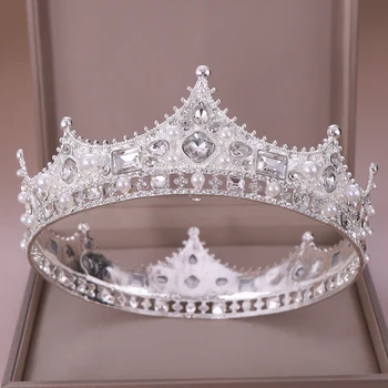 Vintage Bryllup Tiara Krone Krystal Perle Runde Barok Brude Hovedklæde Crown Bryllup Hår Tilbehør Bridal Crown Hovedbeklædning