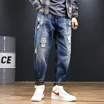 Nye 2021 super size ankel-længde harem Bukser til mænd er populære logo smuk hombre med brudt hul løs vask casual mode-jeans