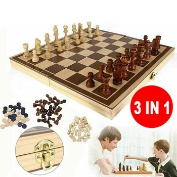 3 i 1 Skakspil, Træ-Skak-Backgammon Brikker Indendørs Rejse Skak Træ Folde Skakbræt Skak Stykker Chessman