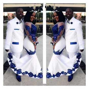 Ny Hvid Satin Royal Blue Lace Aso Ebi Afrikanske Prom Kjoler, Lange Illusion Ærmer Applicerede Havfrue Aften Formelle Kjoler Pagean