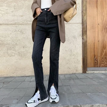 Slanke Front Slids Vintage Denim Lige Ben Bukser Til Kvinder Streetwear Med Høj Talje Jeans Kvinder Casual Nye Høje Pige Solid Jeans