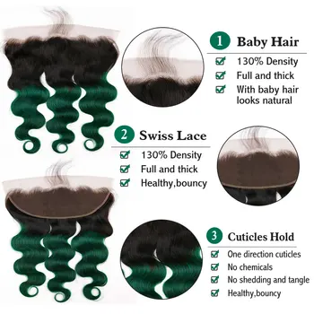 Grøn Bundter Med Frontal Krop Bølge Ombre 2 Tone Brasilianske Remy Human Hair Weave 3 Bundter Med Lukning 13x4 Pre Farvet BP