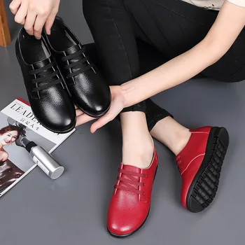 Kvinder Lejligheder i Ægte Læder Sko Kvindelige Slip på Loafers Anti Slip Mokkasiner Casual Mujer Zapatillas Lace-Up sko Plus Størrelse