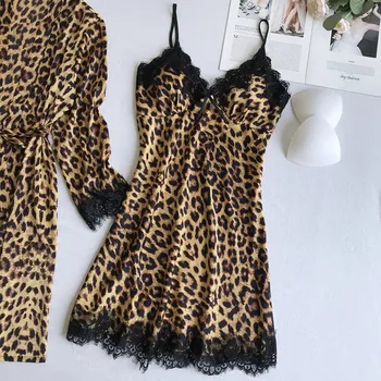 Leopard Nattøj til Kvinder, Sexet Lingeri Lace Fashion Silke Pyjamas Sæt Kvinder 2020 Sommeren Pijama Mujer Pyjamas med Bryst Pad