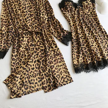 Leopard Nattøj til Kvinder, Sexet Lingeri Lace Fashion Silke Pyjamas Sæt Kvinder 2020 Sommeren Pijama Mujer Pyjamas med Bryst Pad