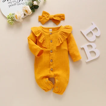 2Piece Sæt Nyfødte Baby Piger langærmet ensfarvet Bomuld Sparkedragt+Pandebånd Sæt Baby Jumpsuit 0-24 måneder