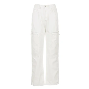 HEYounGIRL Hule Hvid Højtaljede Jeans Kvinder Casual Lige Lange Bukser Damer Lommer Mode Denim Bukser, Capris